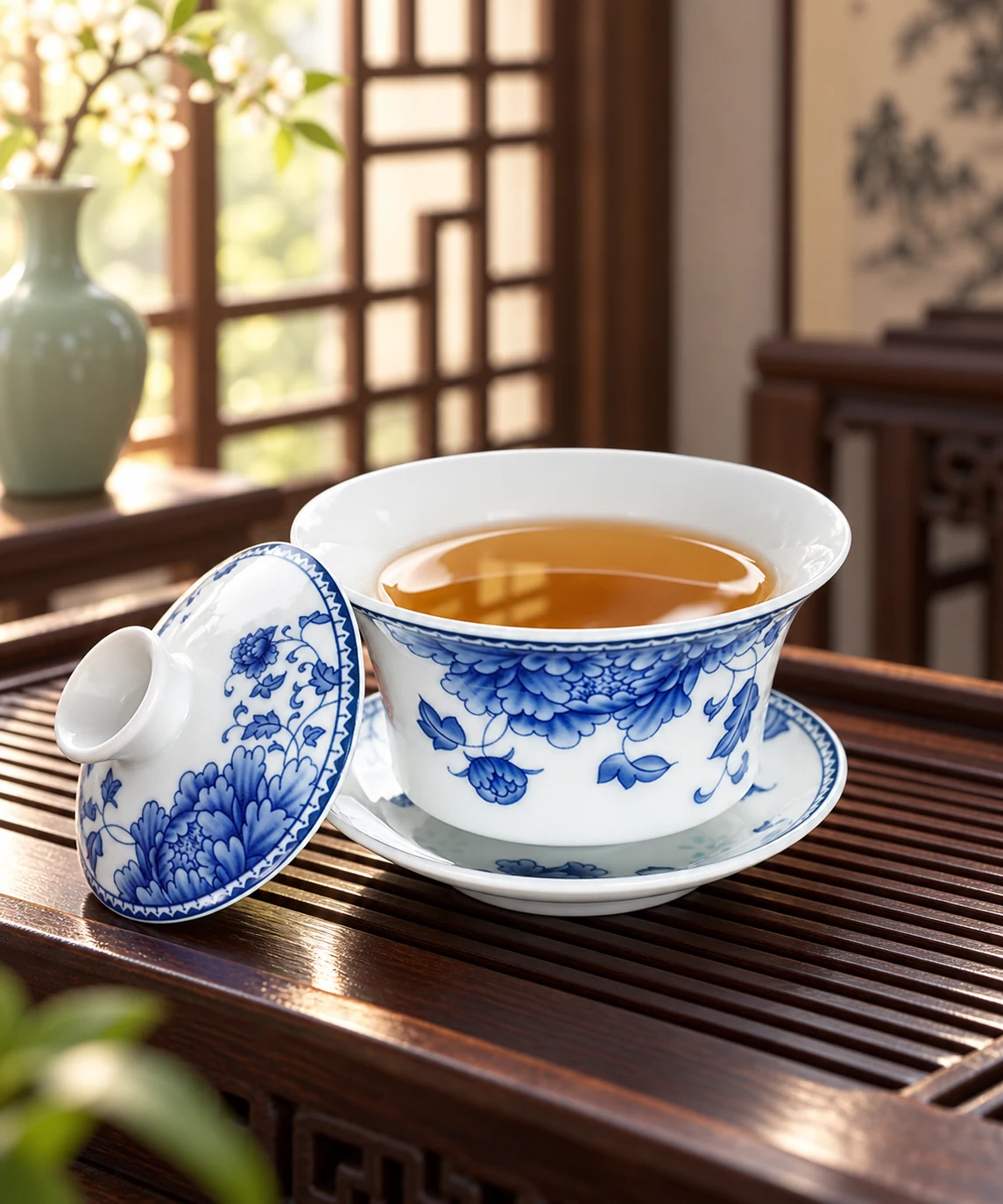 Classic Blue-and-White Lotus Gaiwan in natural morning sunlight