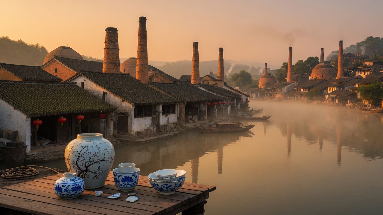 Illustration of a Jingdezhen kiln town (artwork, not a photograph)
