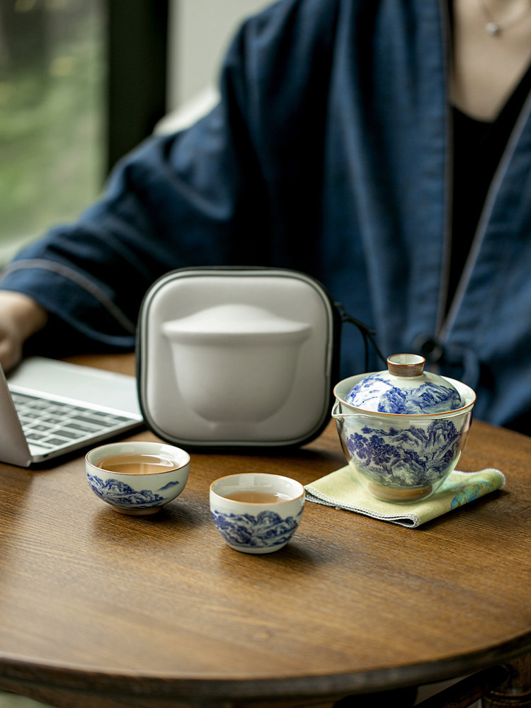 Blue-and-White Landscape Travel Gaiwan Kit