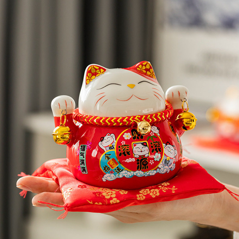Red Ceramic Lucky Cat Piggy Bank