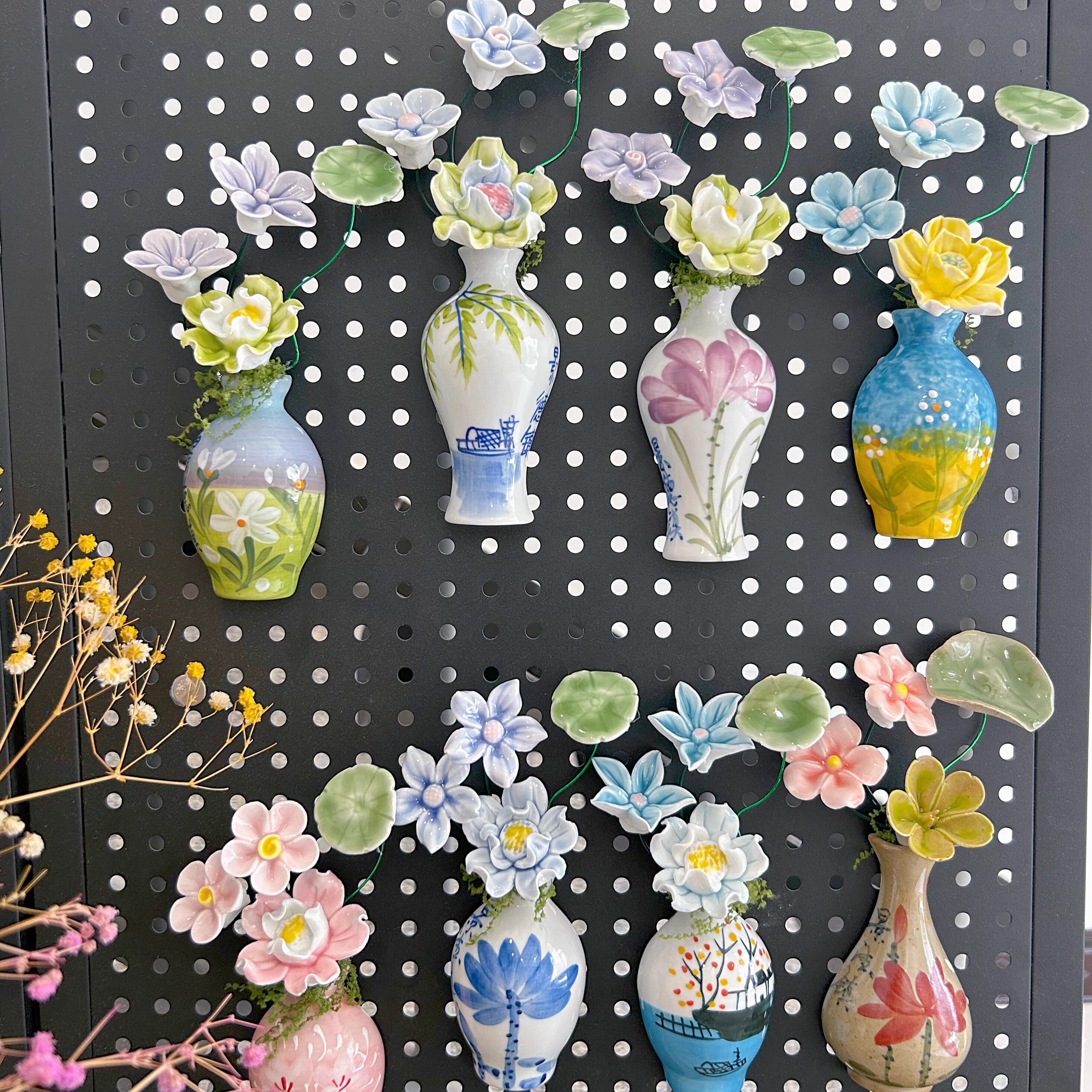 Blooming Ceramic Vase and Flower Magnets, Set of 6