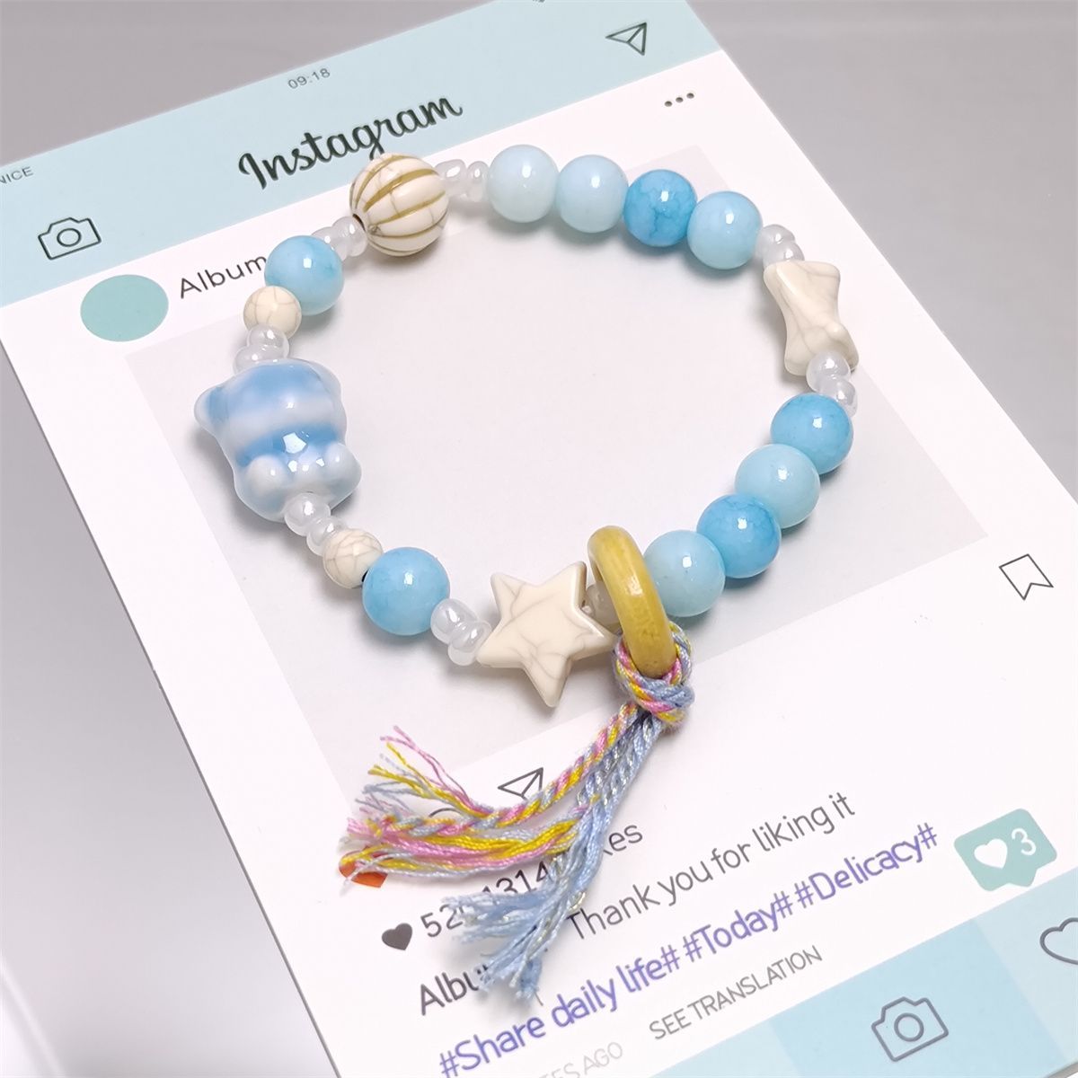 Jingdezhen Blue White Star Moon Tassel Ceramic Bracelet