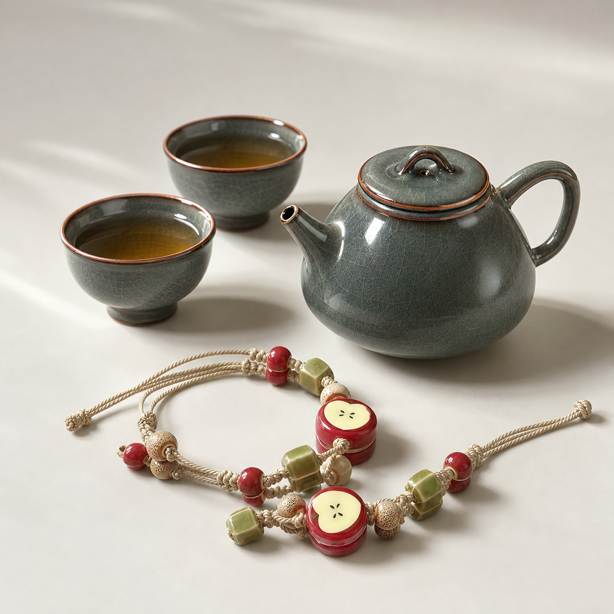 Taurus Abundance Ceramic Pairing — Apple Bracelet & Crackle-Glaze Tea Set