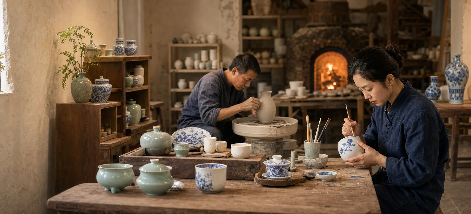 Artisans shaping and painting blue-and-white porcelain in a Jingdezhen workshop