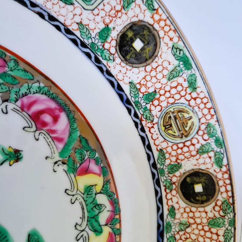 Antique Canton Famille-Rose Lion-Dog and Bird Porcelain Plates, Pair