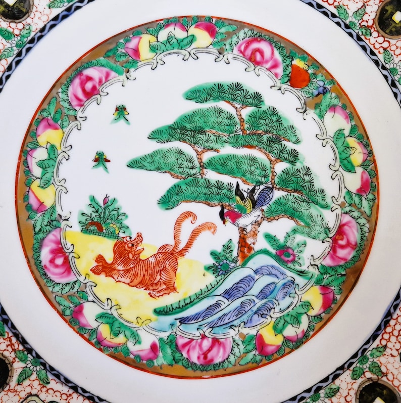 Antique Canton Famille-Rose Lion-Dog and Bird Porcelain Plates, Pair