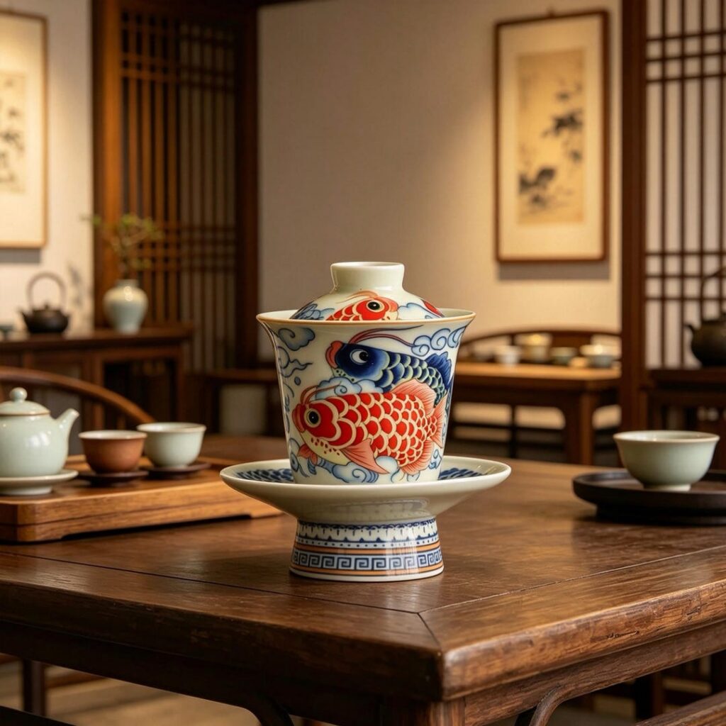 Hand-Painted Koi Gaiwan Tea Set, Vintage Chinese Scholar Style