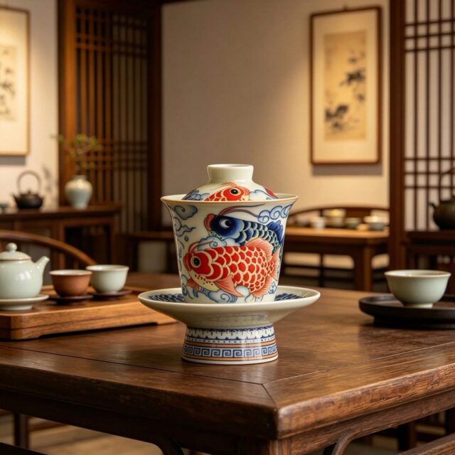 Hand-Painted Koi Gaiwan Tea Set, Vintage Chinese Scholar Style
