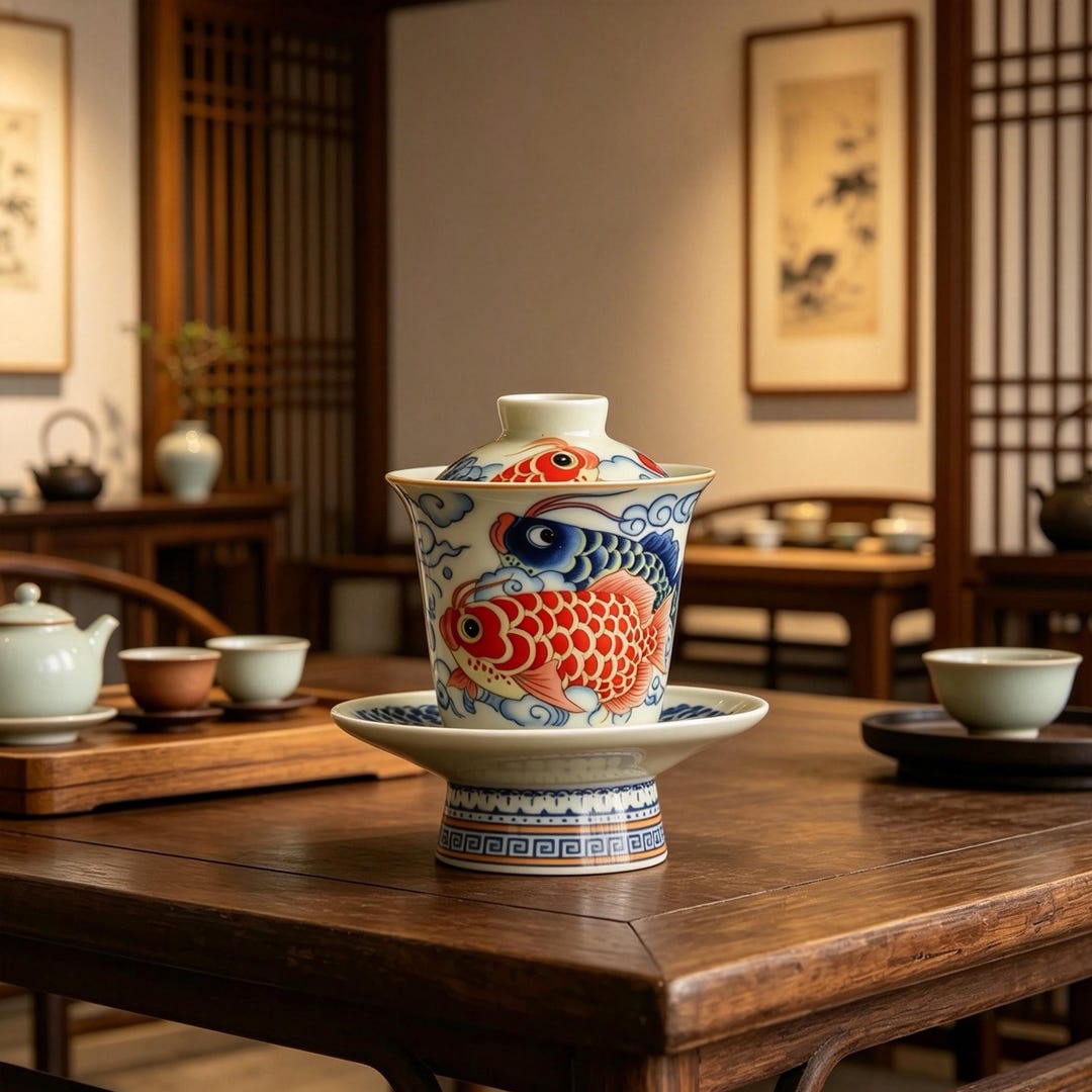 Hand-Painted Koi Gaiwan Tea Set, Vintage Chinese Scholar Style