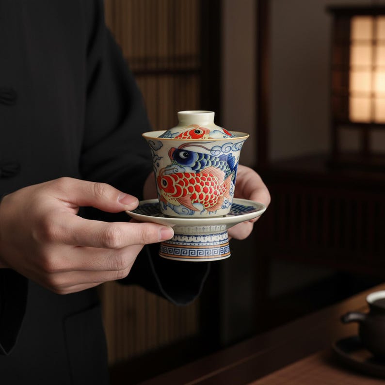 Hand-Painted Koi Gaiwan Tea Set, Vintage Chinese Scholar Style