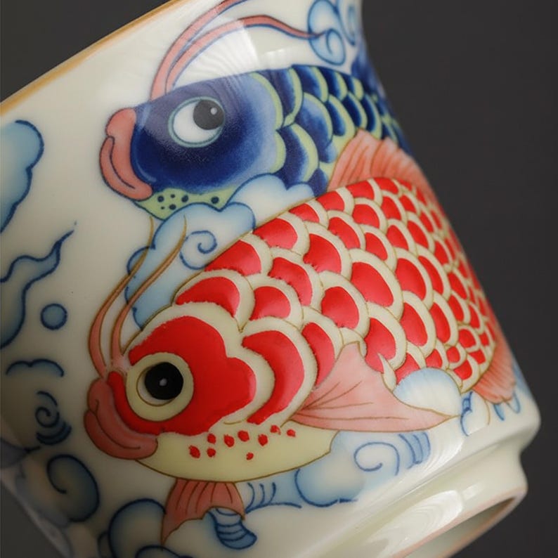 Hand-Painted Koi Gaiwan Tea Set, Vintage Chinese Scholar Style