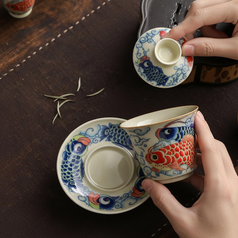 Hand-Painted Koi Gaiwan Tea Set, Vintage Chinese Scholar Style