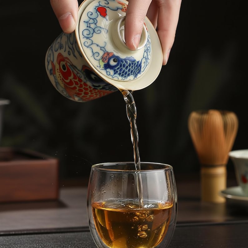 Hand-Painted Koi Gaiwan Tea Set, Vintage Chinese Scholar Style