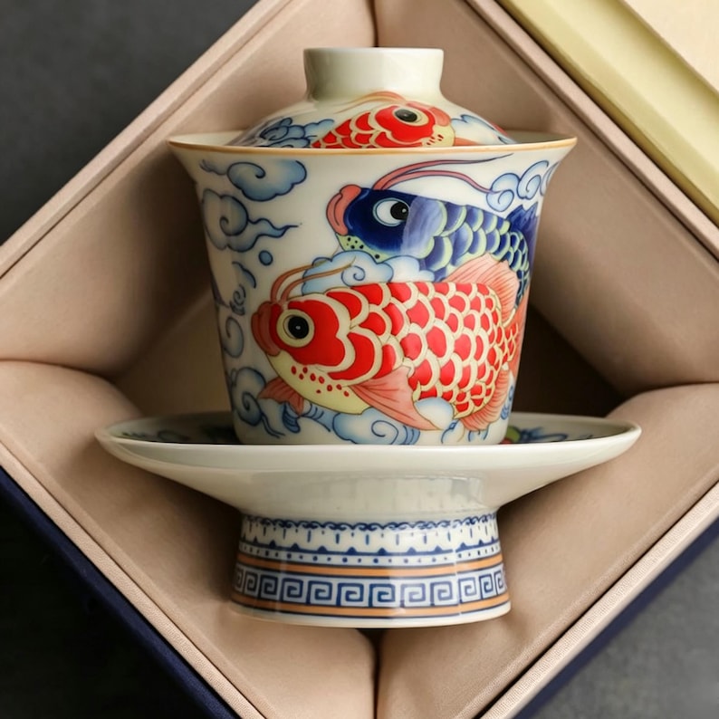 Hand-Painted Koi Gaiwan Tea Set, Vintage Chinese Scholar Style