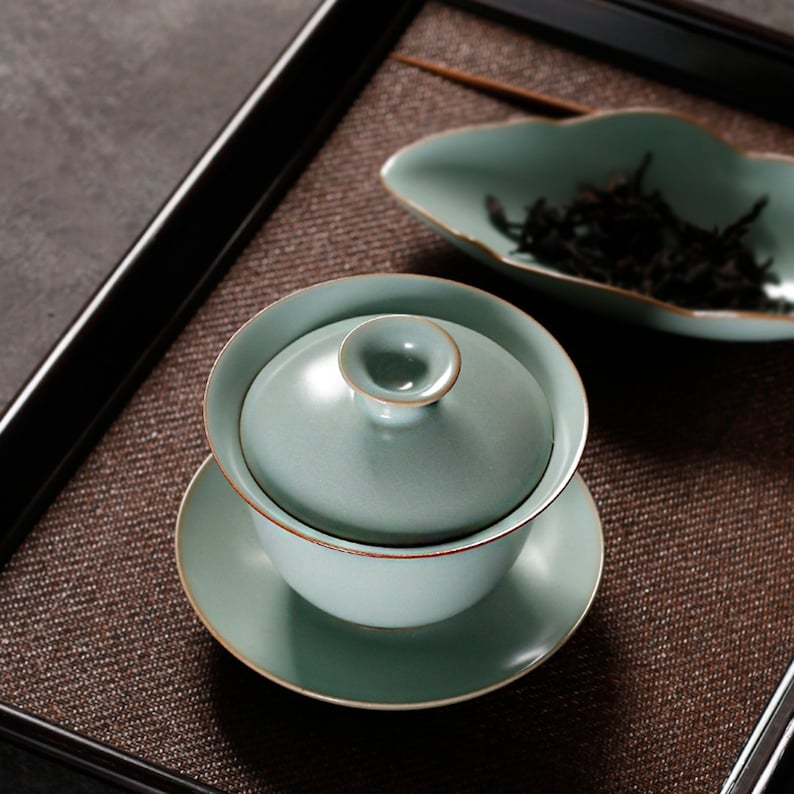 Handmade Ru-Kiln Porcelain Gaiwan Tea Set, Three Glaze Colors