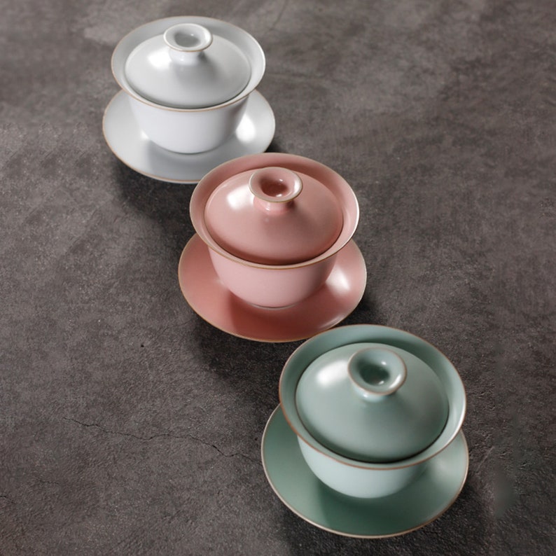 Handmade Ru-Kiln Porcelain Gaiwan Tea Set, Three Glaze Colors
