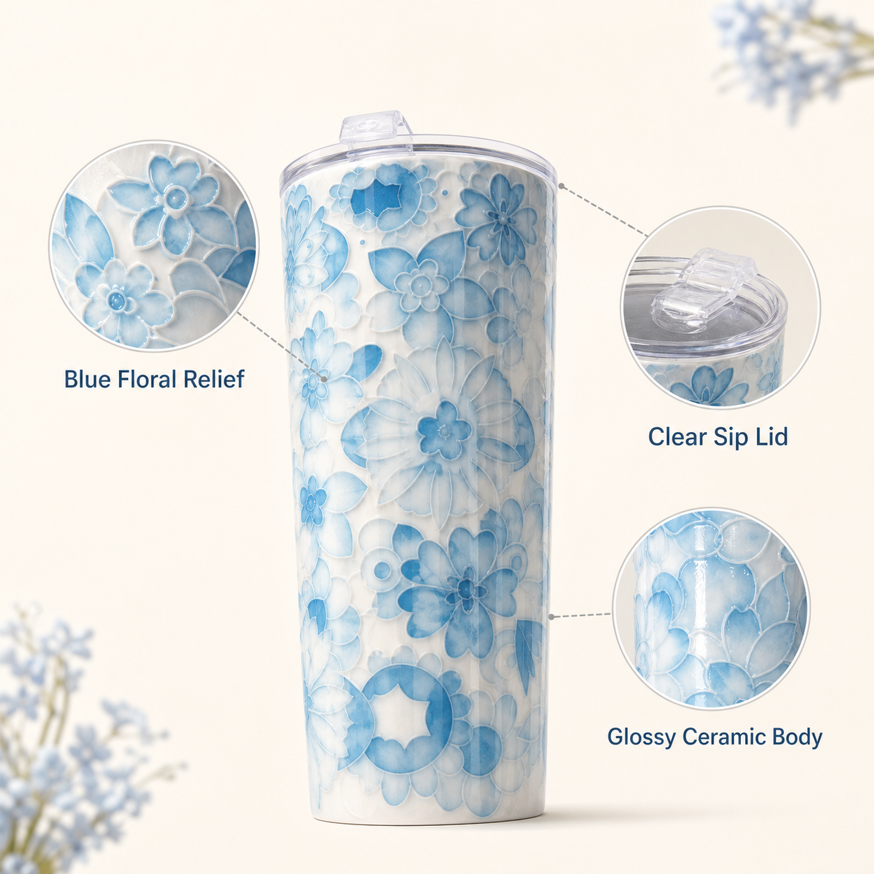 Watercolor Blue Floral Embossed Ceramic Tumbler — Flip Lid