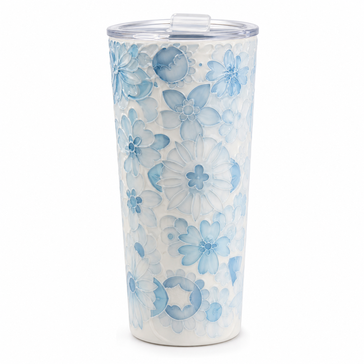 Watercolor Blue Floral Embossed Ceramic Tumbler — Flip Lid