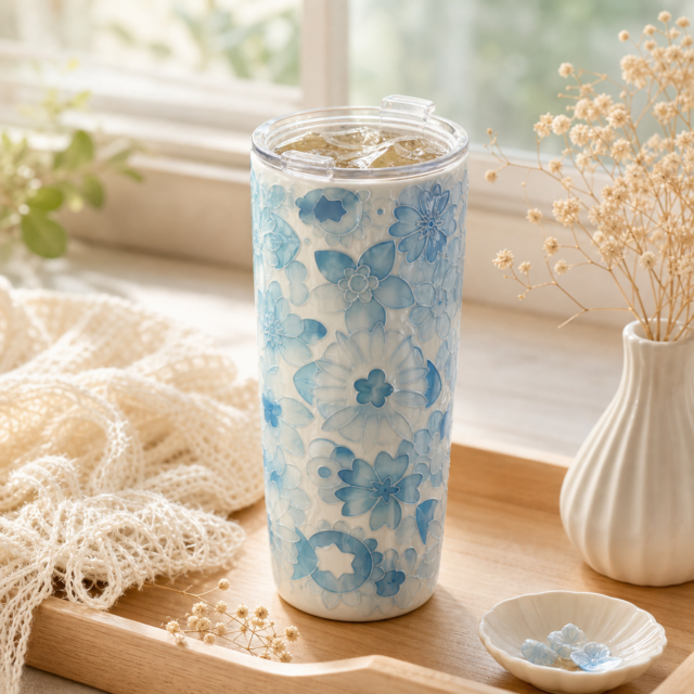 Watercolor Blue Floral Embossed Ceramic Tumbler — Flip Lid