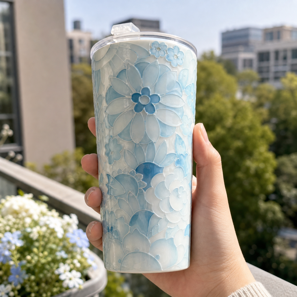 Watercolor Blue Floral Embossed Ceramic Tumbler — Flip Lid