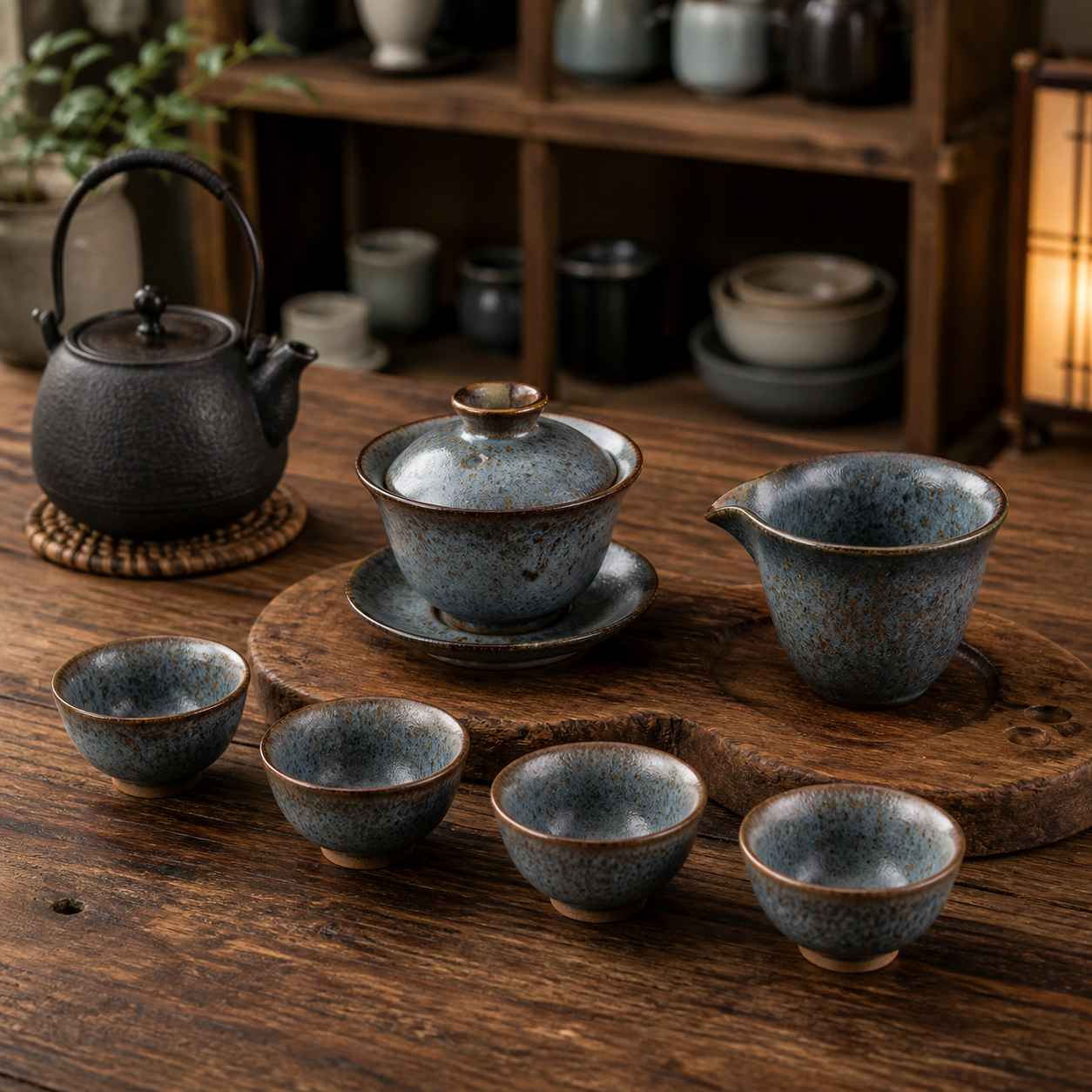 Rustic Blue Stoneware Gaiwan Tea Set