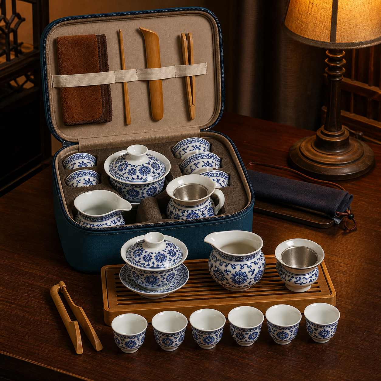 Blue and White 14-Piece Portable Gongfu Tea Set