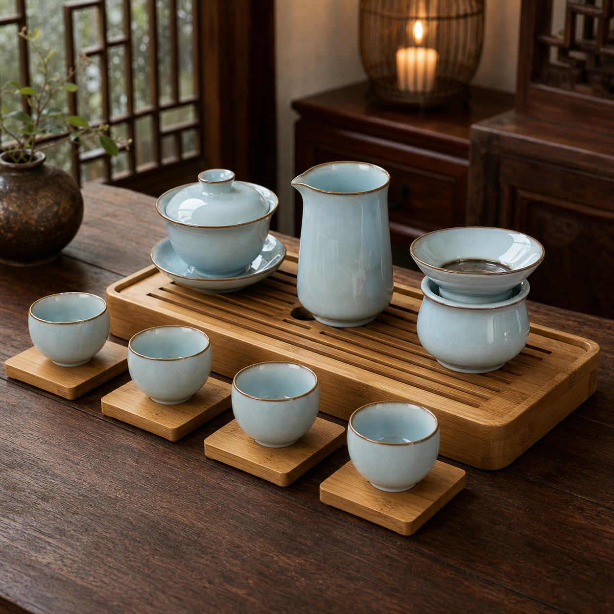 Sky-Blue Celadon Gongfu Tea Set with Bamboo Tray