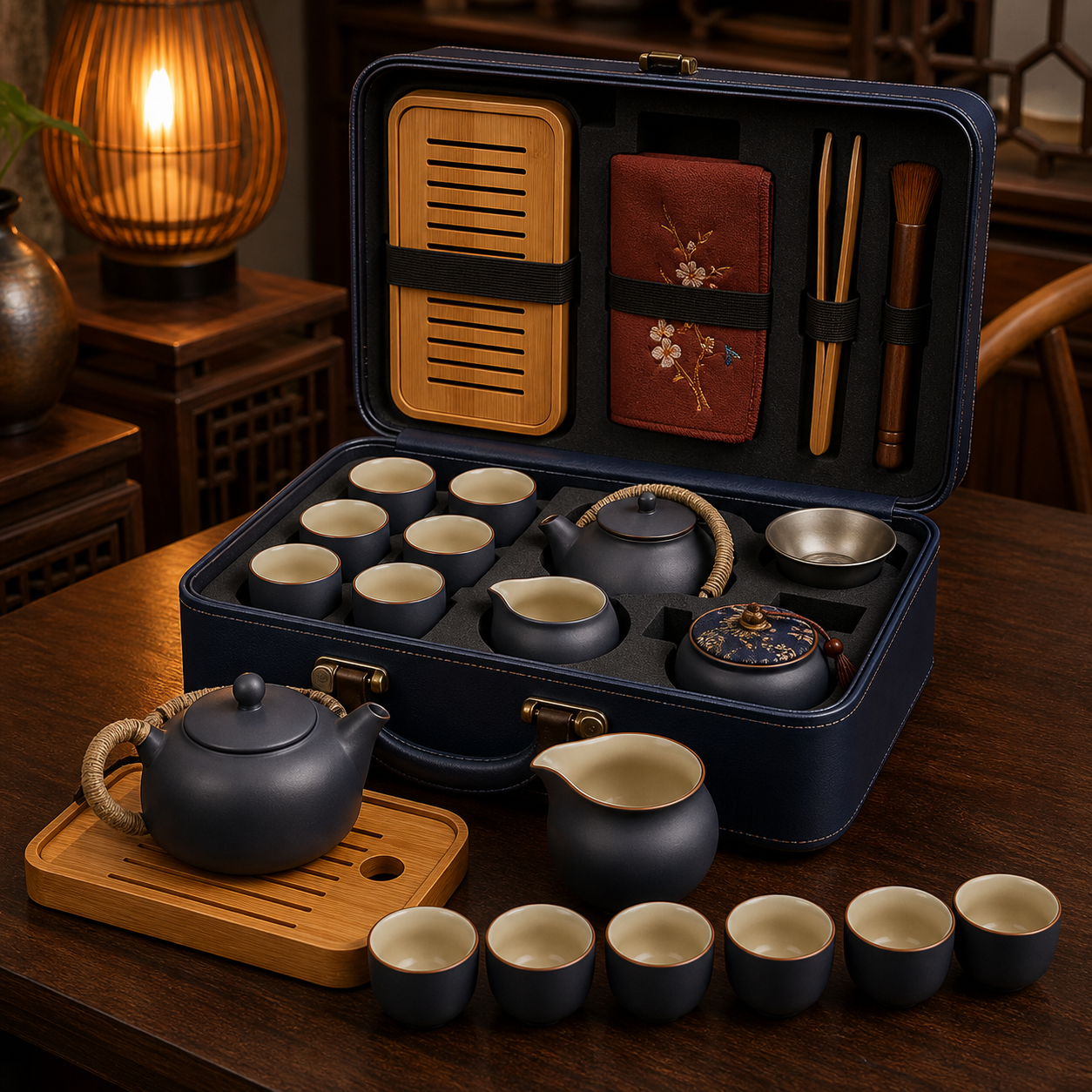 Matte Navy 14-Piece Portable Kung Fu Tea Set