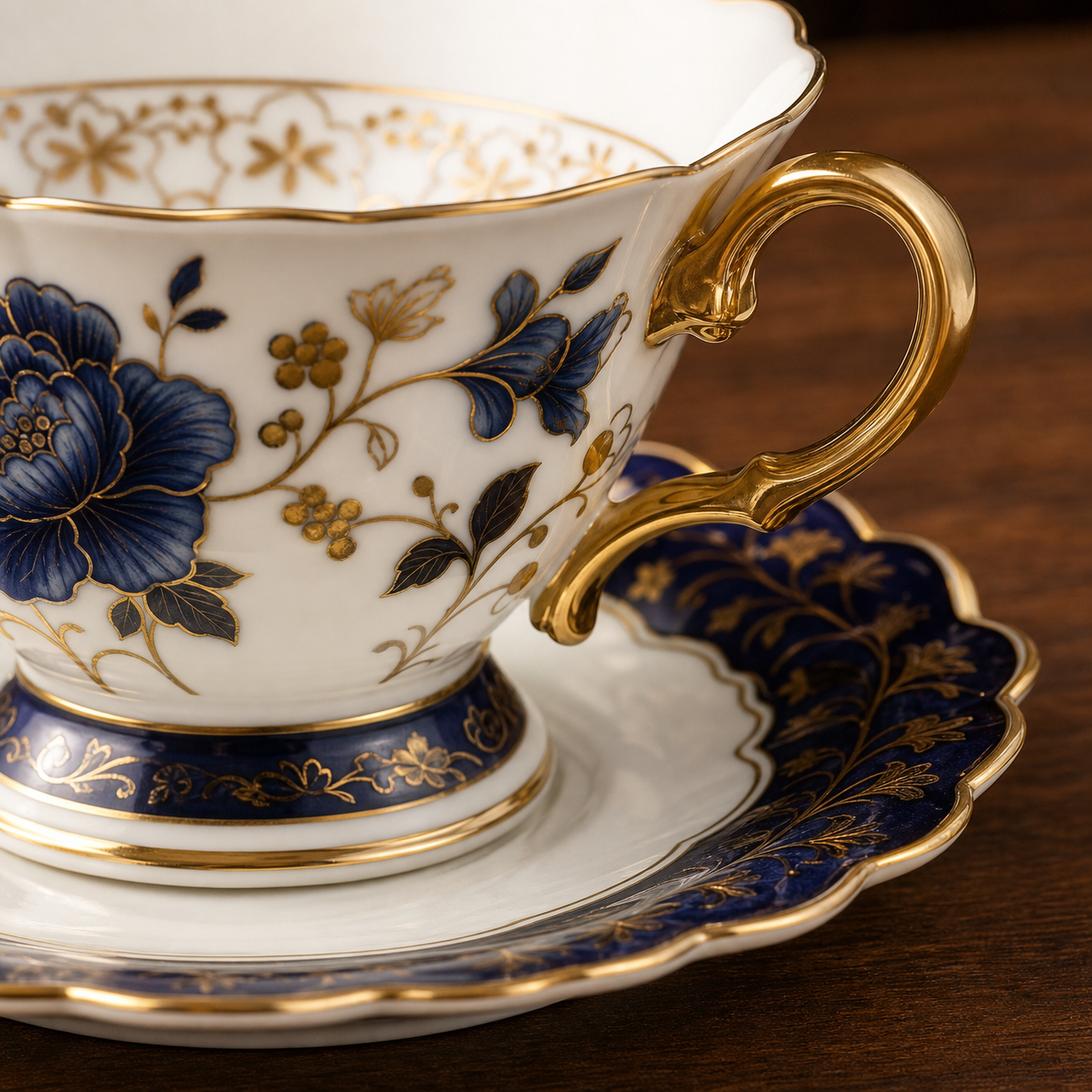 Cobalt and Gold Bone China Teacup with Saucer
