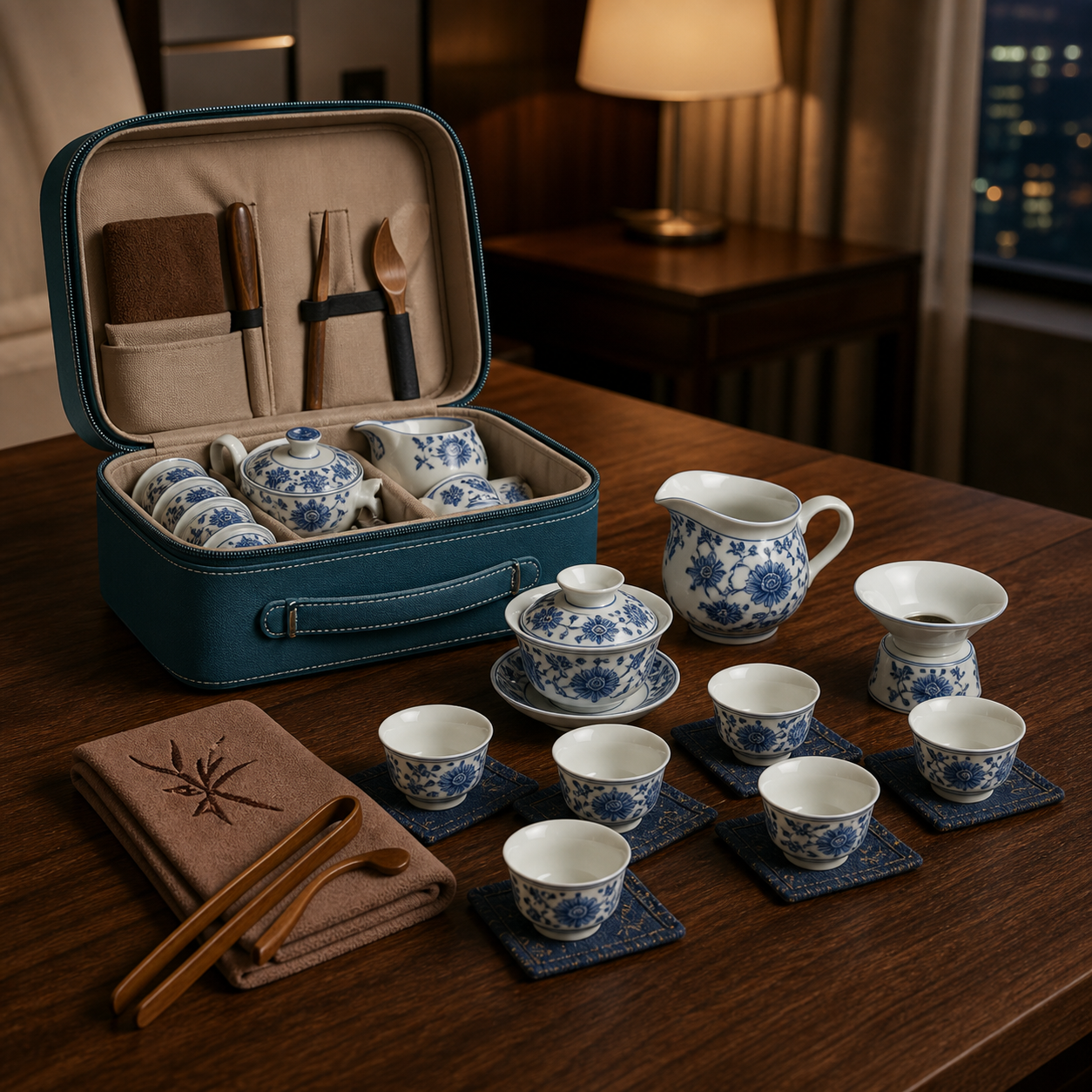 Blue and White 14-Piece Portable Gongfu Tea Set