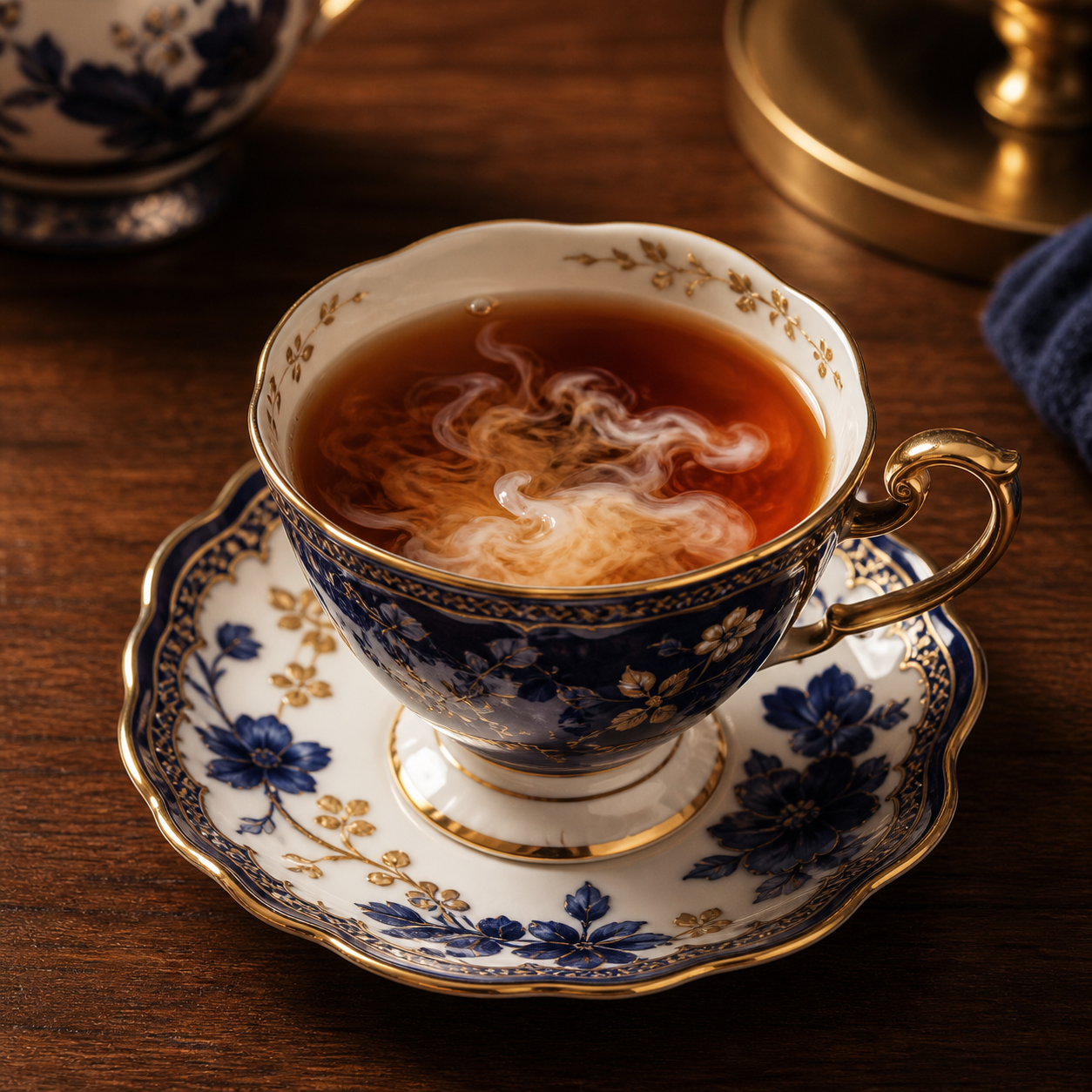 Cobalt and Gold Bone China Teacup with Saucer