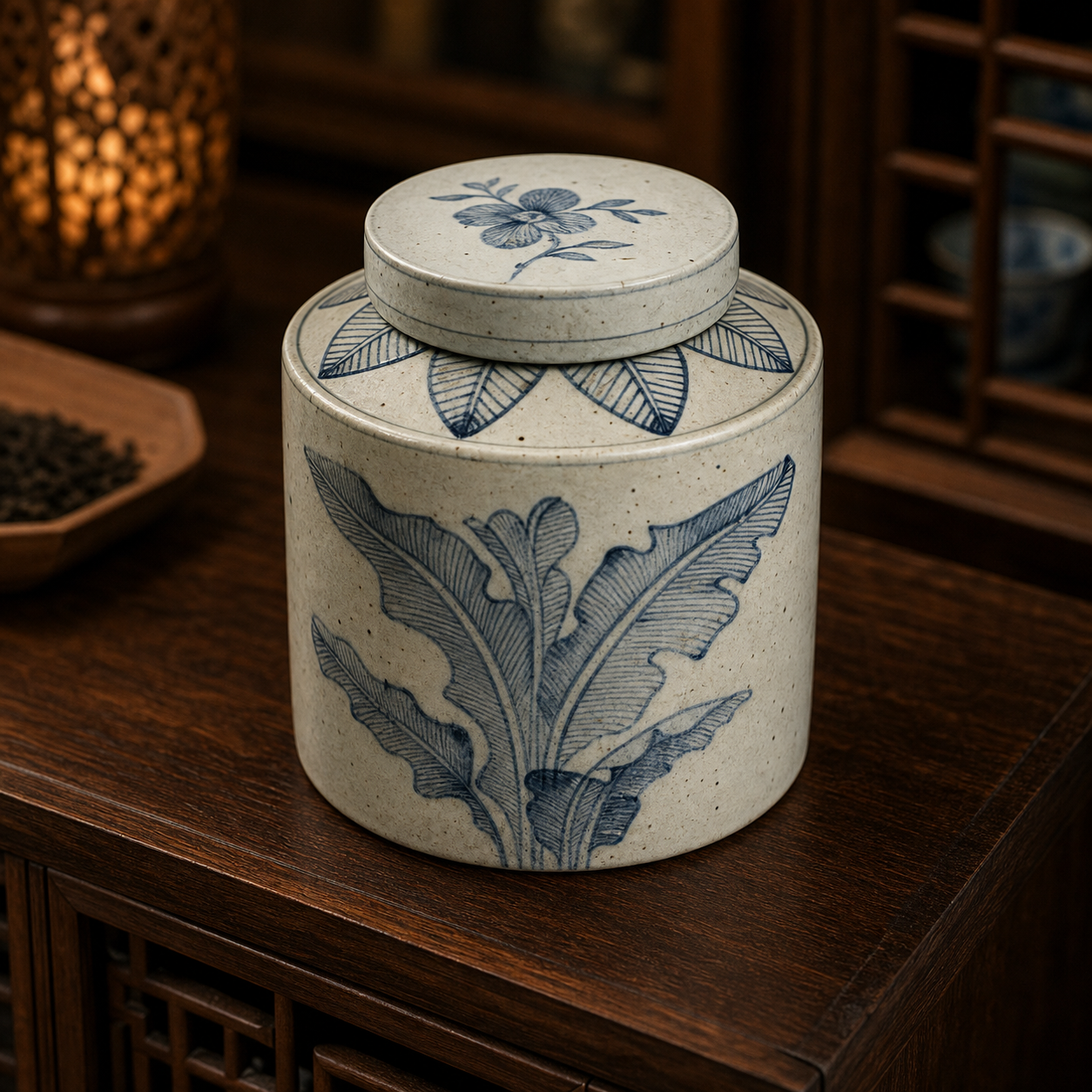 Hand-Painted Blue and White Ceramic Tea Storage Jar