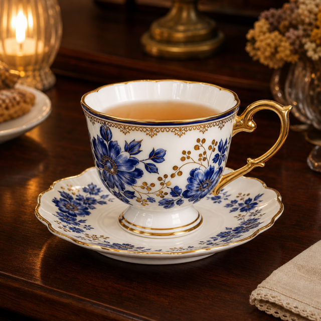Cobalt and Gold Bone China Teacup with Saucer