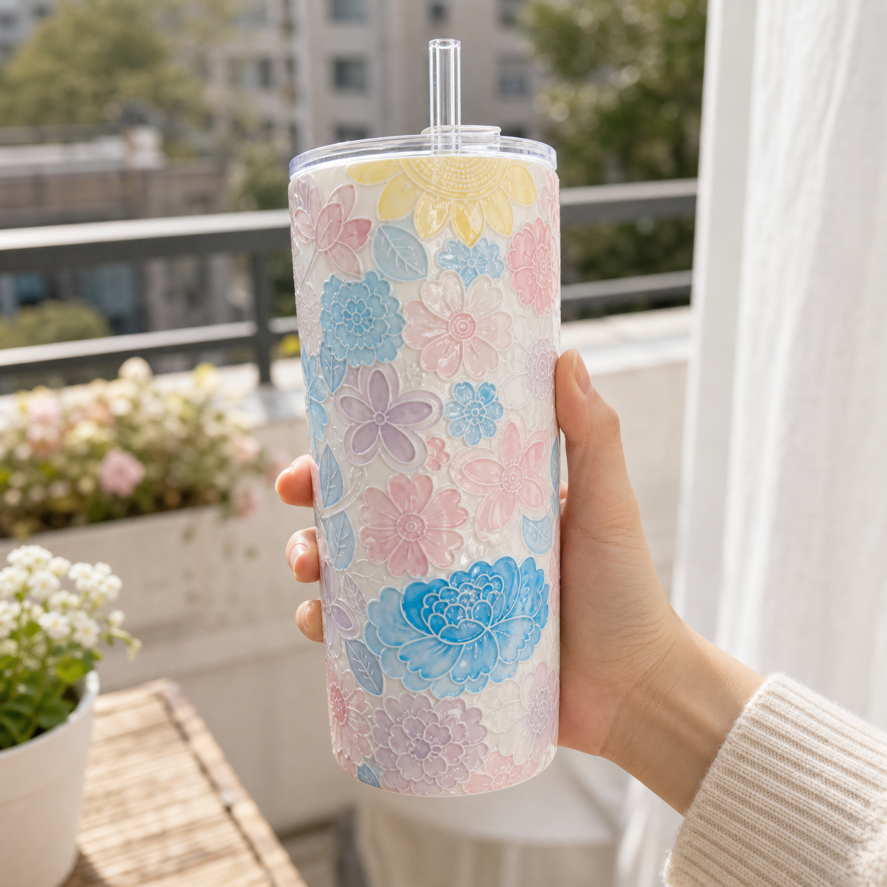 Pastel Blossom Embossed Ceramic Tumbler — Lid & Straw