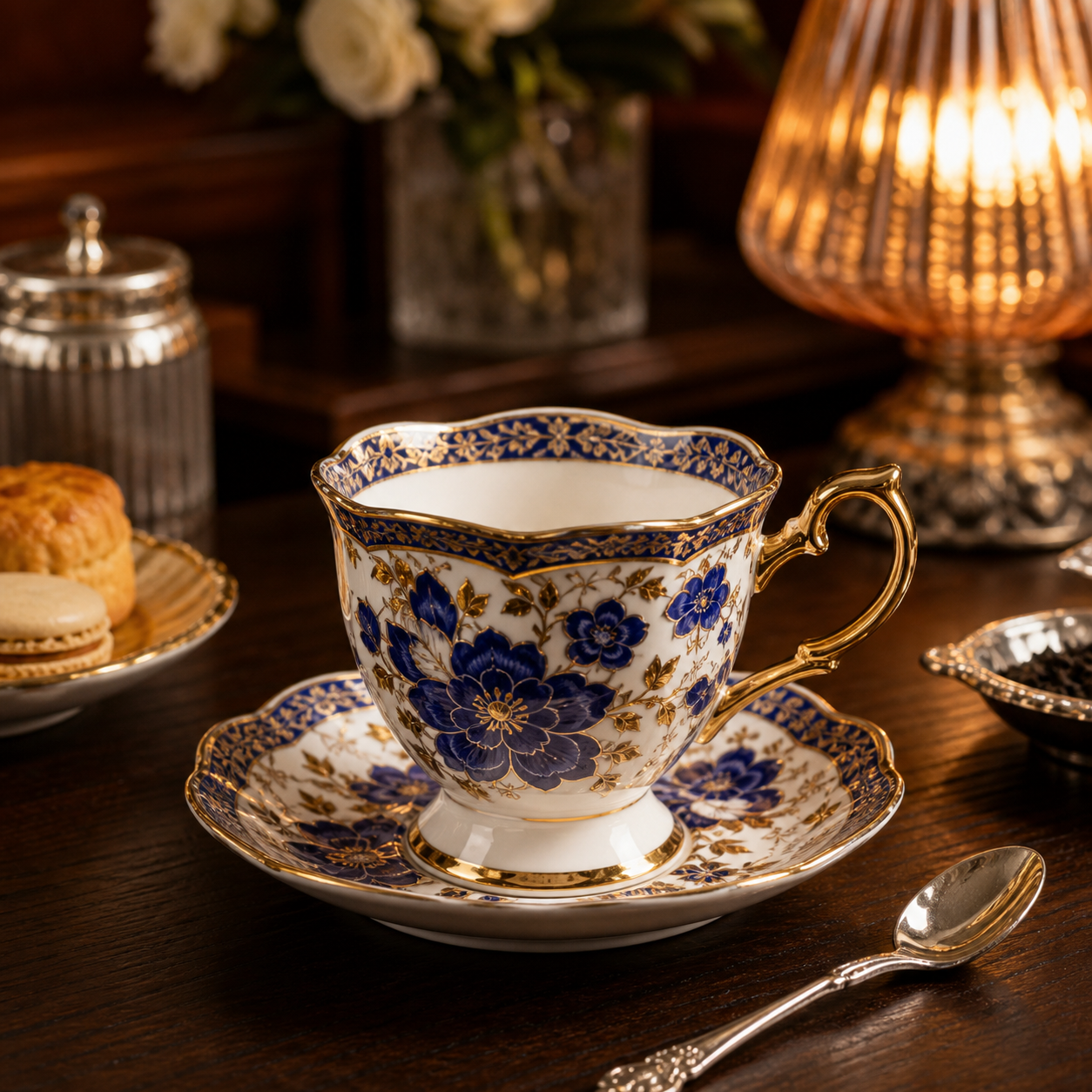 Cobalt and Gold Bone China Teacup with Saucer