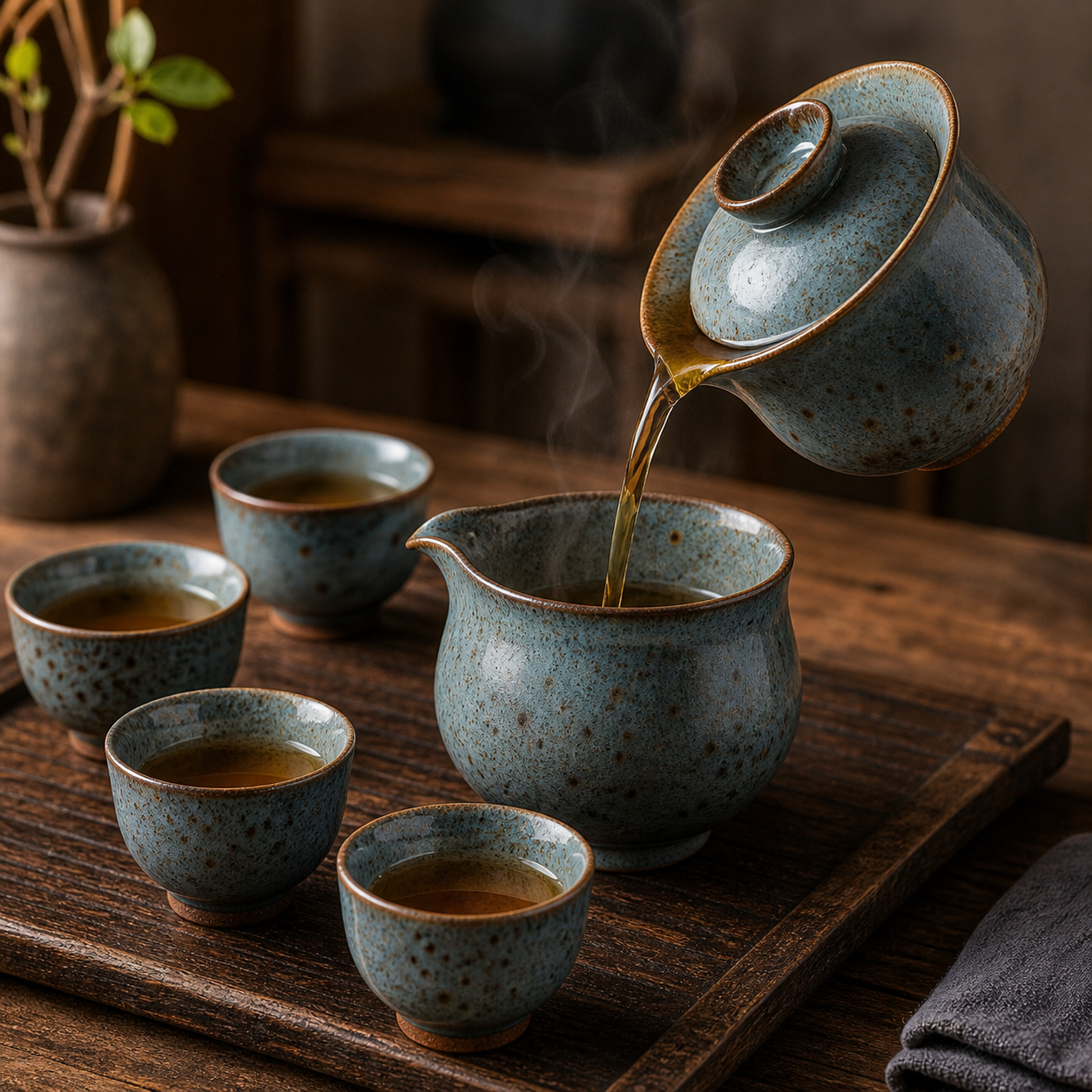 Rustic Blue Stoneware Gaiwan Tea Set