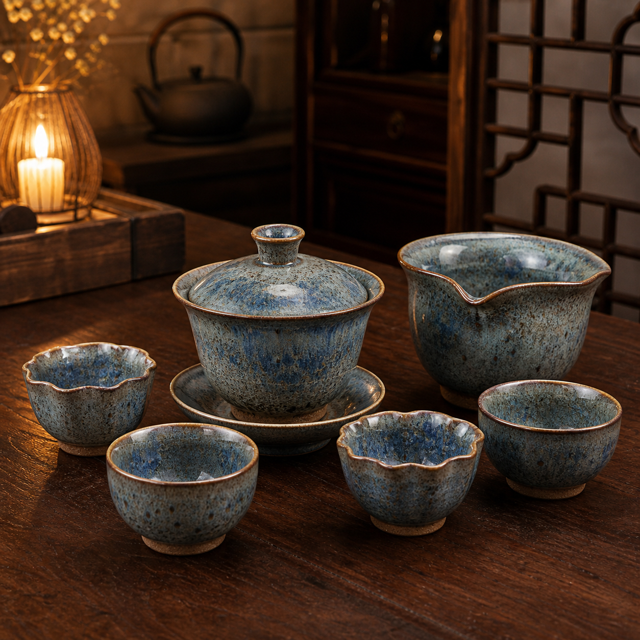 Rustic Blue Stoneware Gaiwan Tea Set