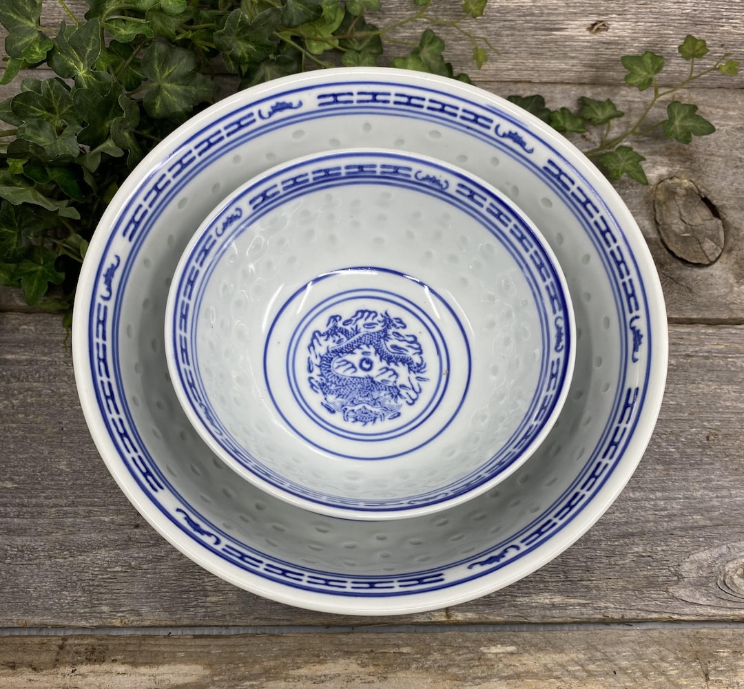 Jingdezhen Blue and White Linglong Dragon Nesting Bowl Set