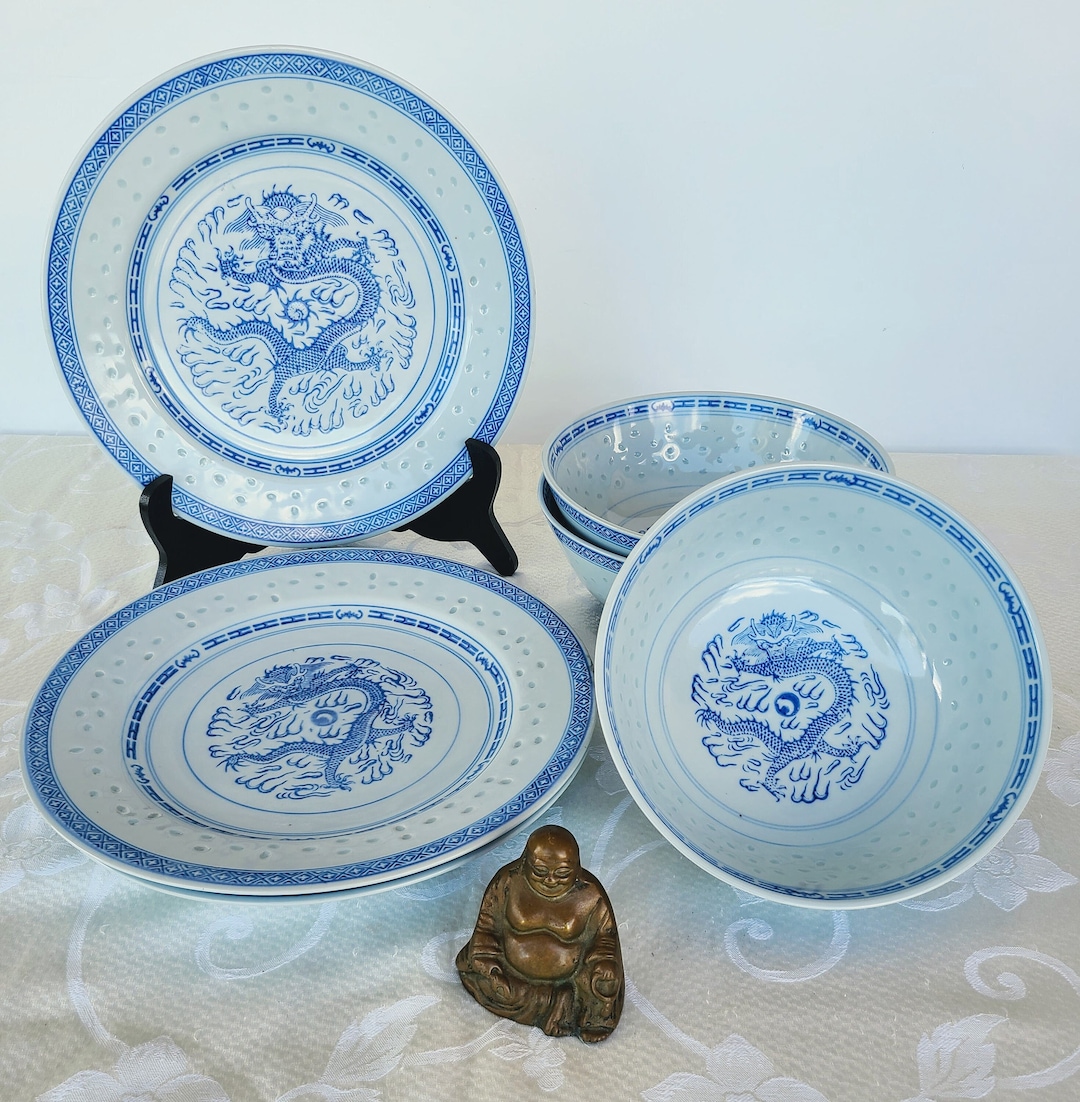 Jingdezhen Rice-Grain Dragon Porcelain Plate and Bowl Set