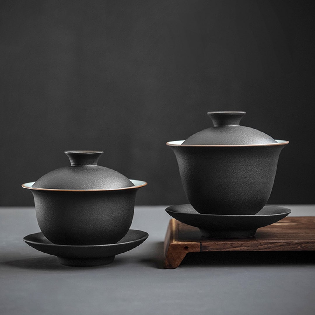 Matte Black Ceramic Gaiwan, Three-Piece Kung Fu Tea Set