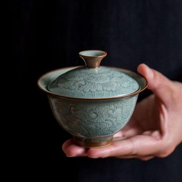 Modern Ice-Crack Celadon Gaiwan, 130ml Reactive Glaze Tea Cup