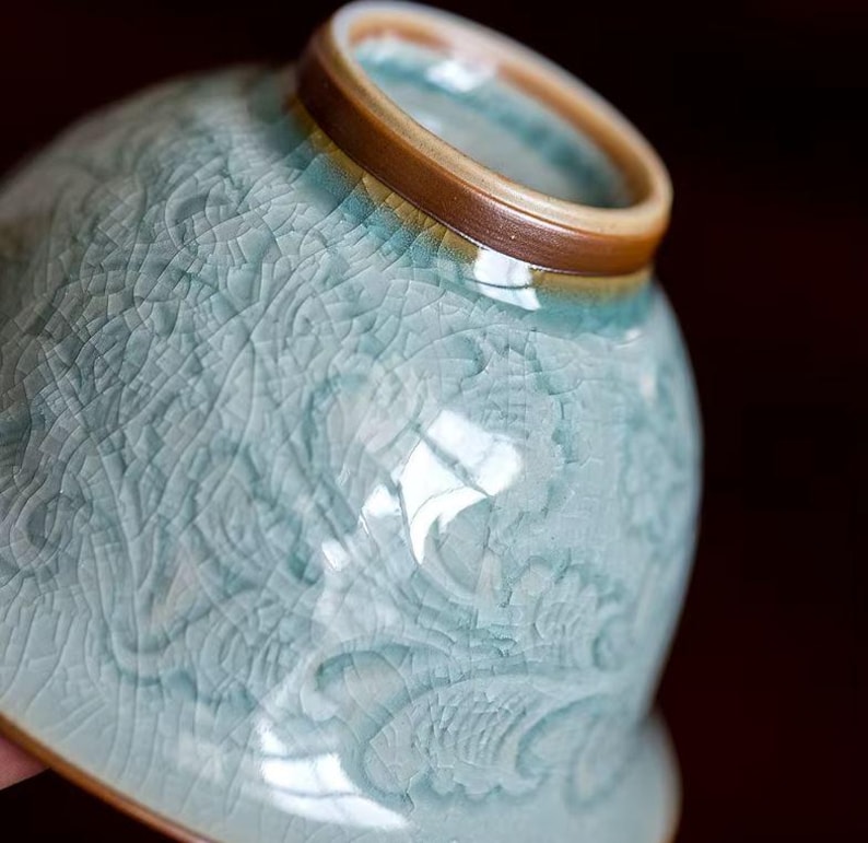 Modern Ice-Crack Celadon Gaiwan, 130ml Reactive Glaze Tea Cup
