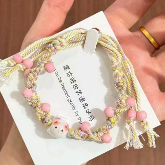 Jingdezhen Pink Lazy Cat Ceramic Cord Bracelet