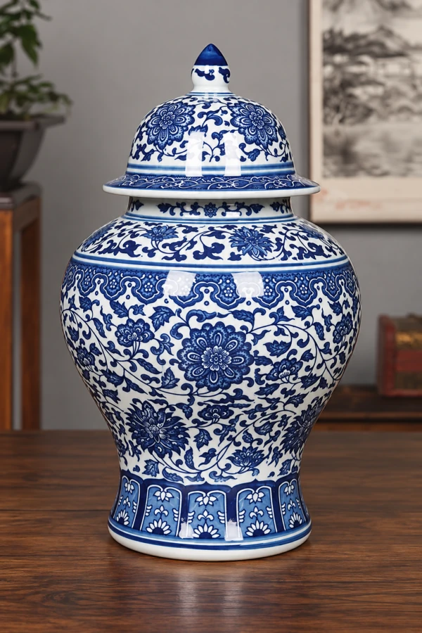 Tall blue and white floral porcelain jar with a domed lid