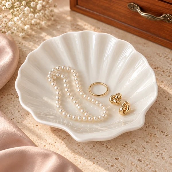 White shell-shaped jewelry dish styled with a pearl-like necklace and rings