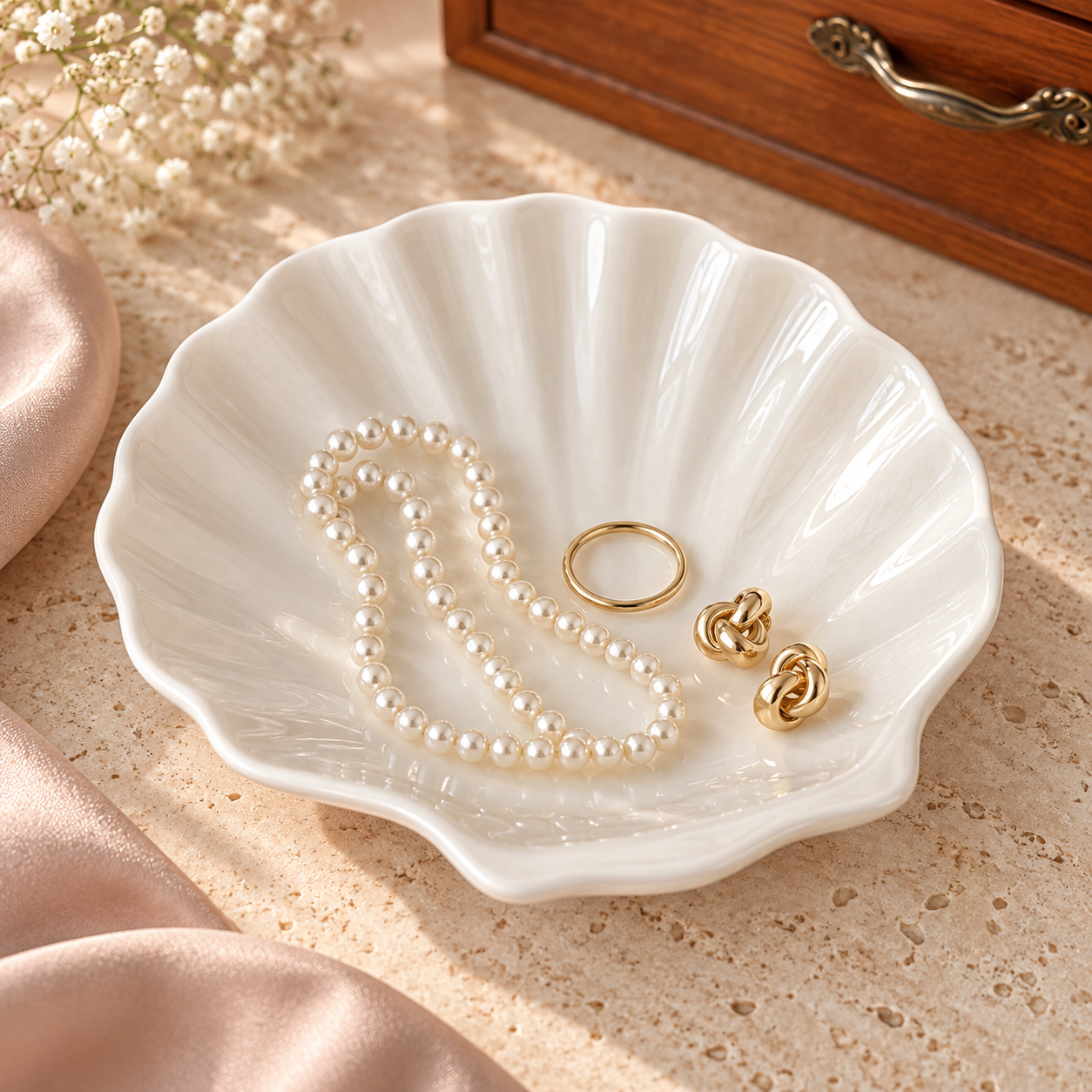 White shell-shaped jewelry dish styled with a pearl-like necklace and rings