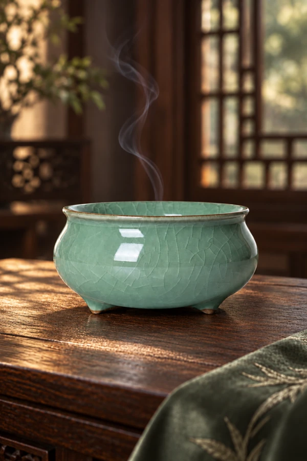 Green crackle-glaze incense bowl with three small feet on a wooden table