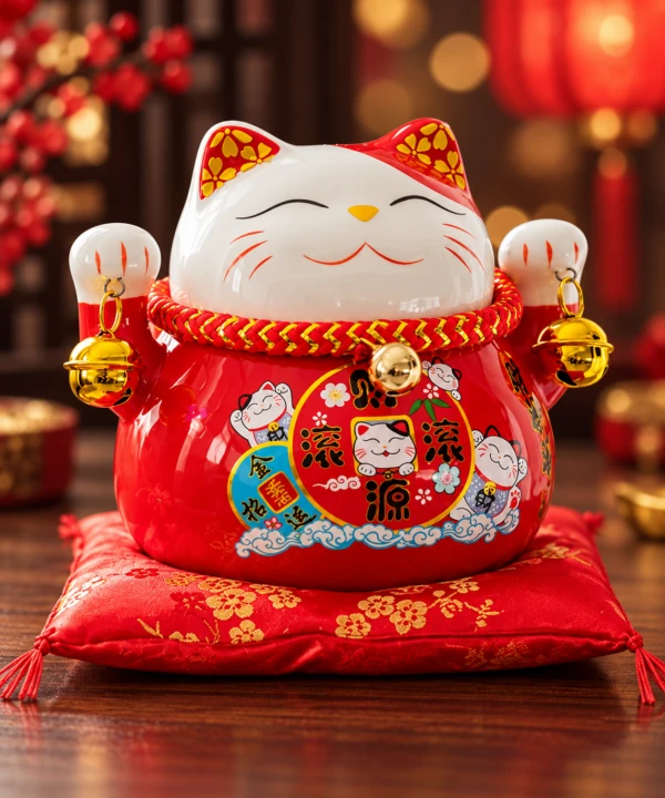 Red and white waving cat ornament with gold-colored bells on a red cushion