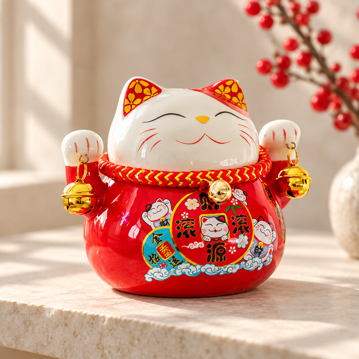 Red waving cat figurine displayed on a pale surface beside red blossoms