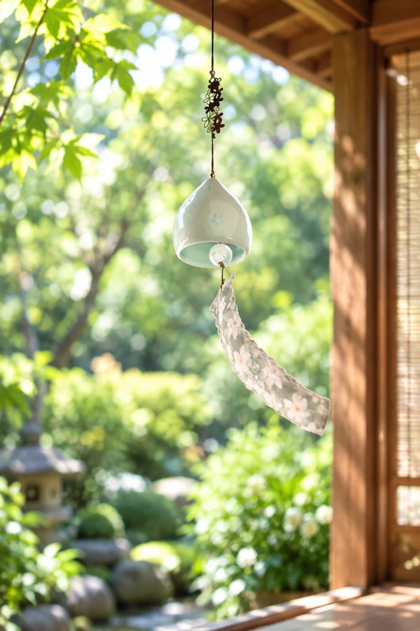 Pale green ceramic hanging bell with a feather-shaped pendant beside a window